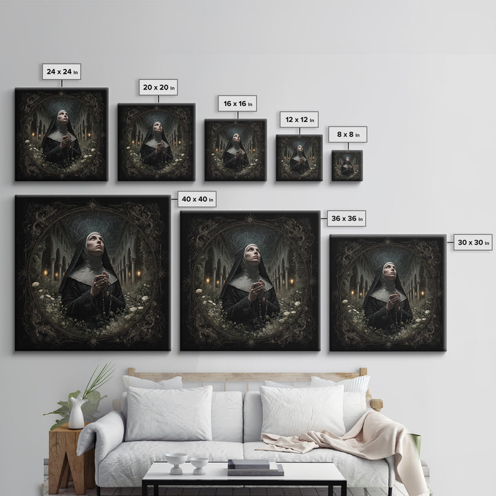 The Nun Of The Endless Constellation, Square Wall Art, Haunted Gothic Art, Framed Canvas Print, Halloween Wall Decor, Gothic Home Decor