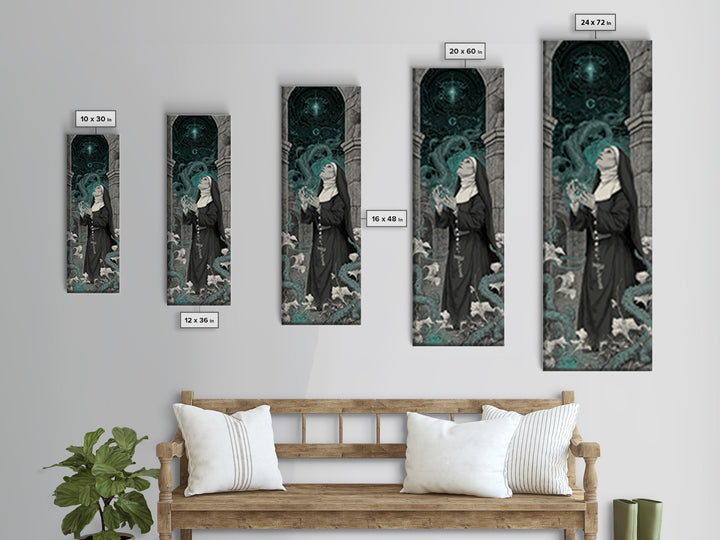 The Nun Of The Endless Constellation, Tall Narrow Wall Art, Haunted Gothic Art, Framed Canvas Print, Halloween Wall Decor, Gothic Home Decor