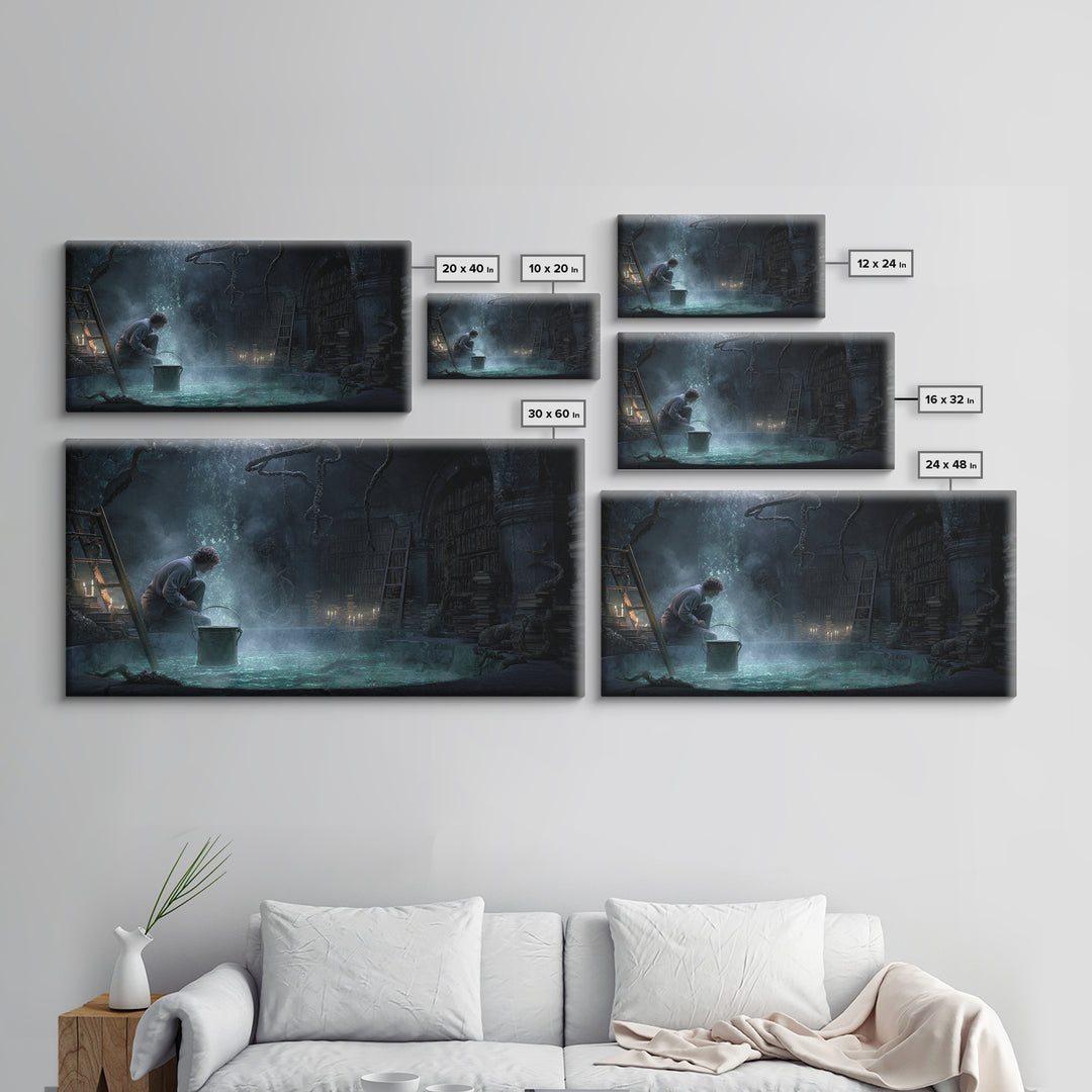 The Dreamwell Beneath Miskatonic, Wide Panoramic Art, Eldritch Gothic Decor, Framed Canvas Print, Halloween Wall Decor, Gothic Home Decor