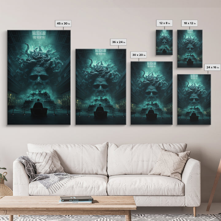 The Custodian Of The Whispering Idol, Vertical Wall Art, Lovecraftian Horror Art, Framed Canvas Print, Halloween Wall Decor