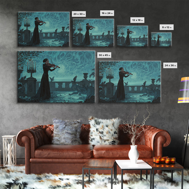The Violinist Of The Drowned Moon, Landscape Wall Art, Gothic Horror Wall Art, Framed Canvas Print, Halloween Wall Decor, Gothic Home Decor