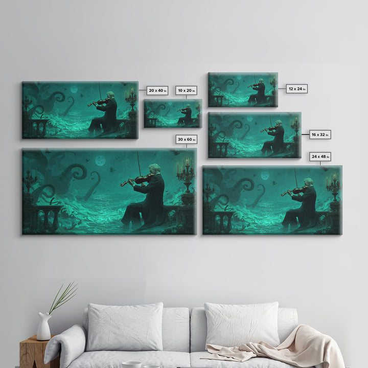 The Violinist Of The Drowned Moon, Wide Panoramic Art, Spooky Home Decor, Framed Canvas Print, Halloween Wall Decor, Gothic Home Decor