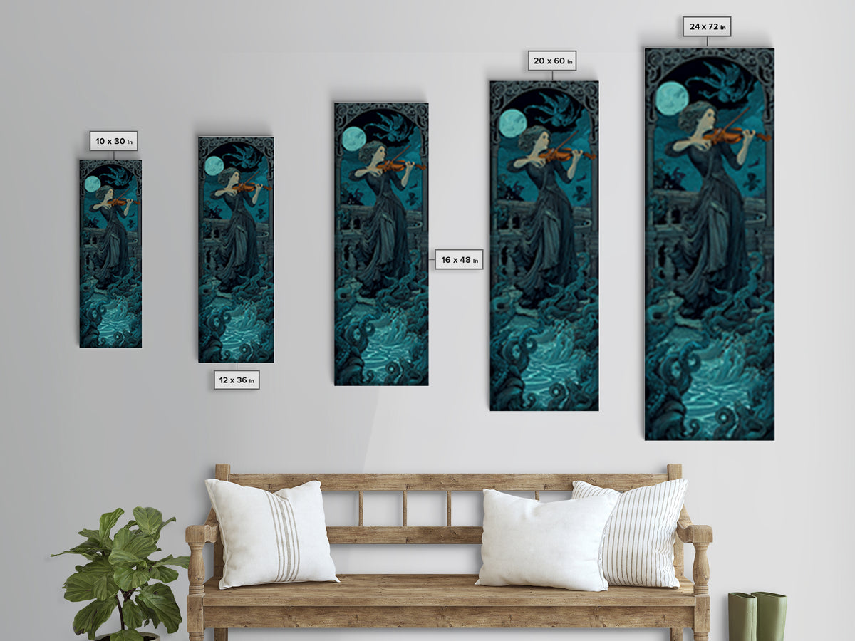The Violinist Of The Drowned Moon, Tall Narrow Wall Art, Spooky Home Decor, Canvas Print, Halloween Wall Decor, Gothic Home Decor