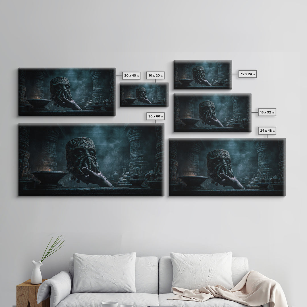 The Mask Of The Crawling God, Wide Panoramic Art, Lovecraftian Horror Art, Canvas Print, Halloween Wall Decor, Gothic Home Decor