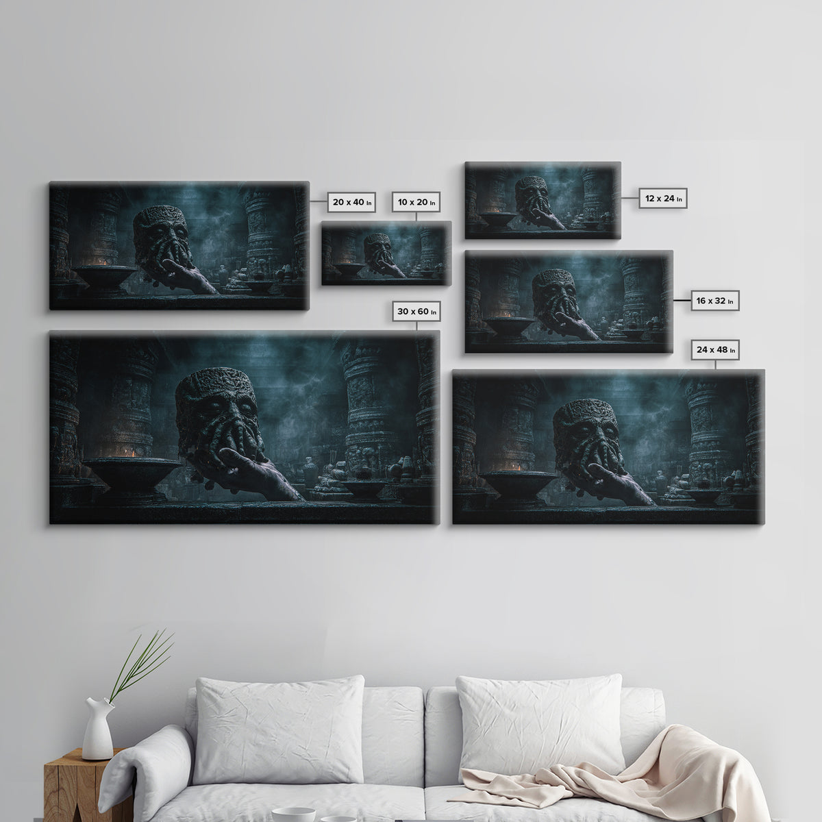 The Mask Of The Crawling God, Wide Panoramic Art, Lovecraftian Horror Art, Canvas Print, Halloween Wall Decor, Gothic Home Decor