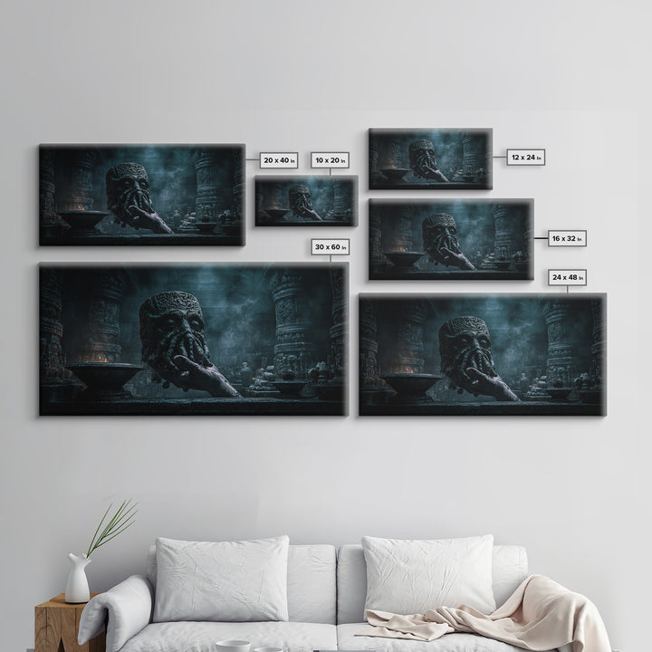 The Mask Of The Crawling God, Wide Panoramic Art, Lovecraftian Horror Art, Canvas Print, Halloween Wall Decor, Gothic Home Decor