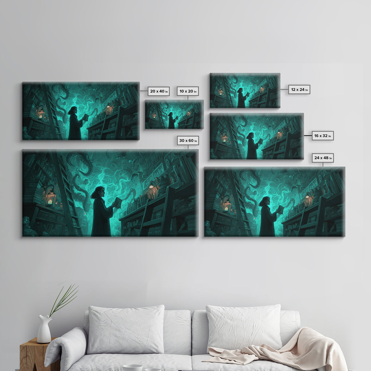 The Archivist Of Dreaming Bones, Wide Panoramic Art, Gothic Horror Wall Art, Framed Canvas Print, Halloween Wall Decor, Gothic Home Decor