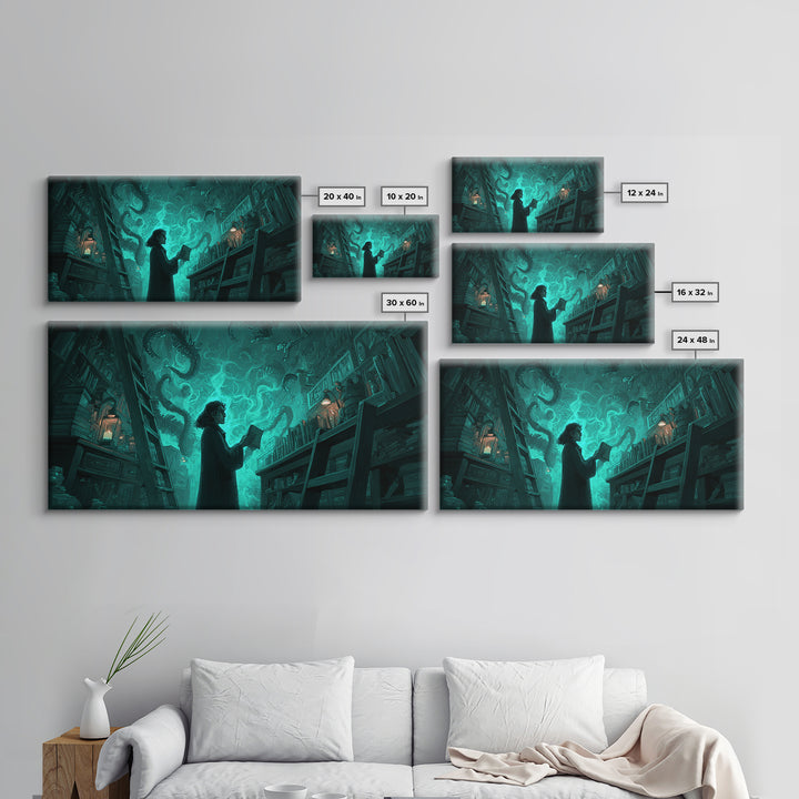 The Archivist Of Dreaming Bones, Wide Panoramic Art, Gothic Horror Wall Art, Framed Canvas Print, Halloween Wall Decor, Gothic Home Decor