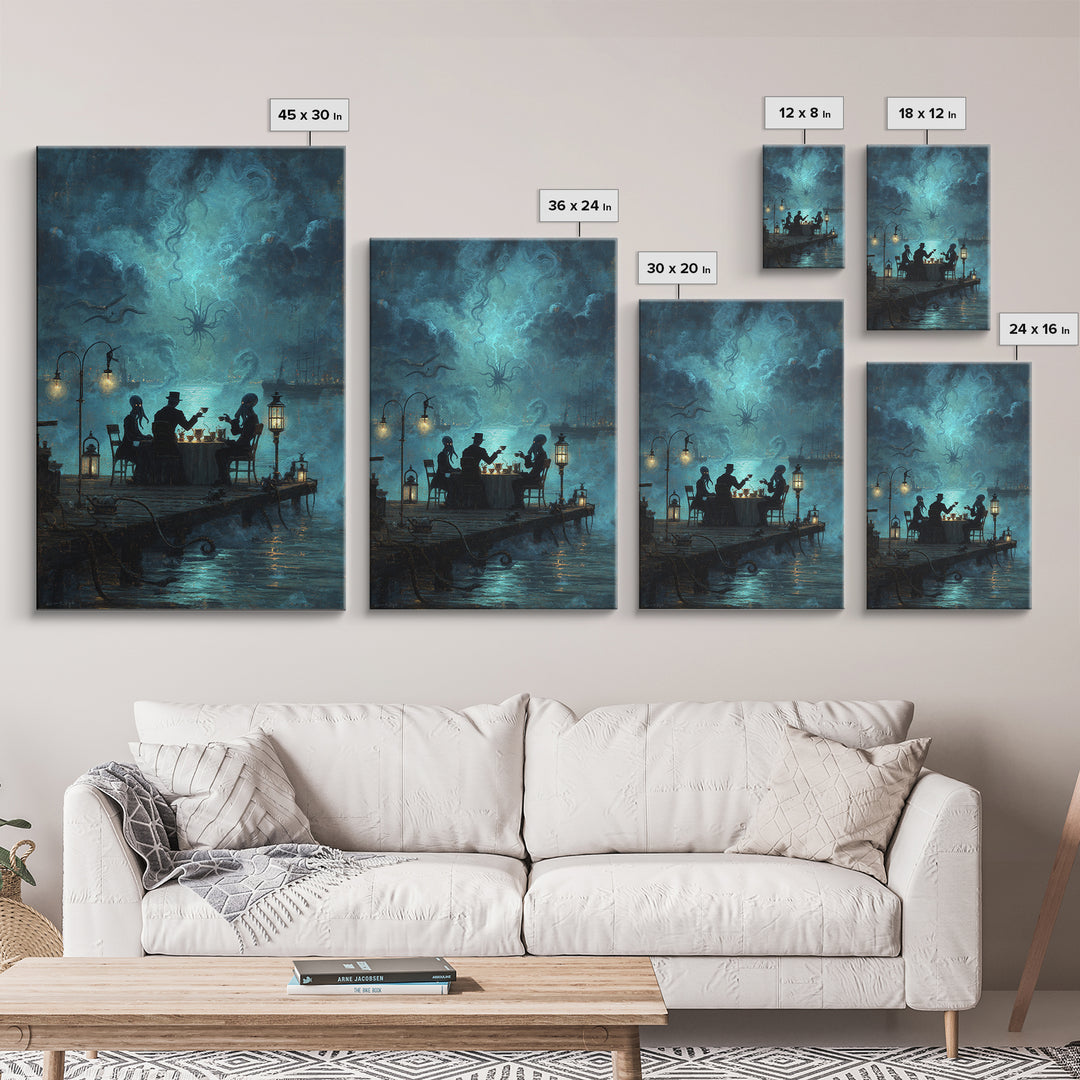 The Tea Party At Innsmouth Pier, Vertical Wall Art, Gothic Horror Wall Art, Canvas Print, Halloween Wall Decor, Gothic Home Decor