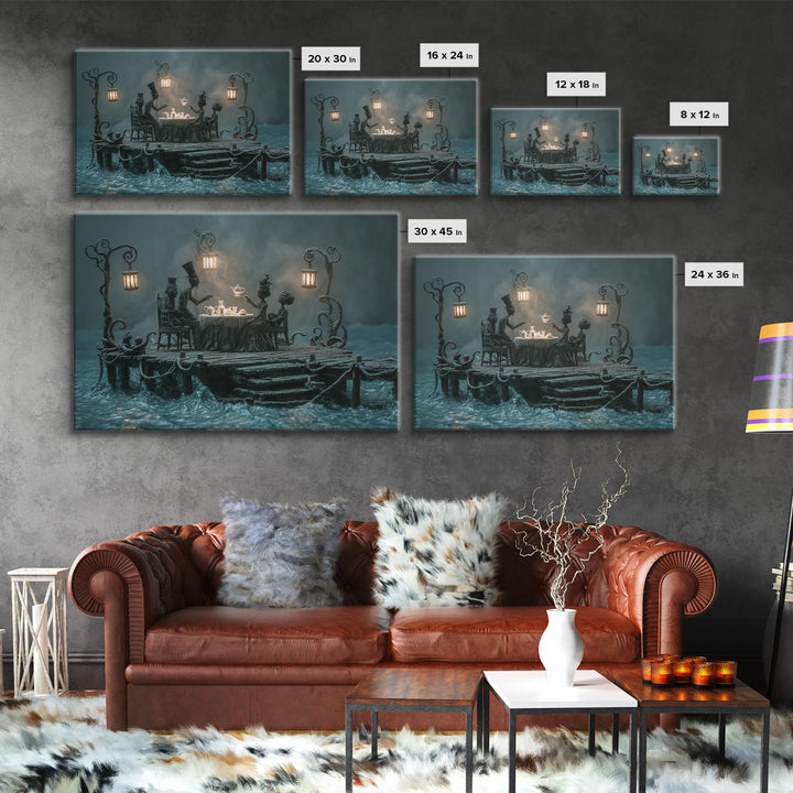 The Tea Party At Innsmouth Pier, Landscape Wall Art, Spooky Home Decor, Framed Canvas Print, Halloween Wall Decor, Gothic Home Decor