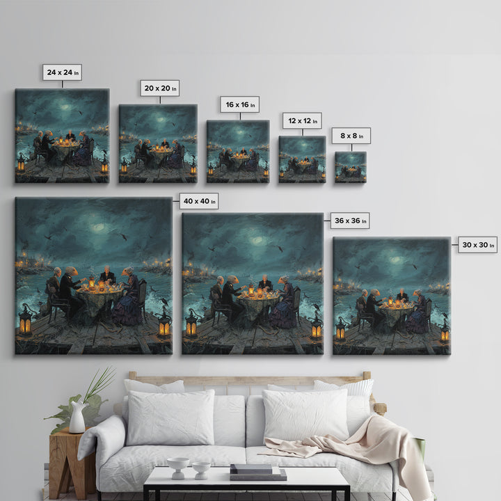The Tea Party At Innsmouth Pier, Square Wall Art, Lovecraftian Horror Art, Framed Canvas Print, Halloween Wall Decor, Gothic Home Decor