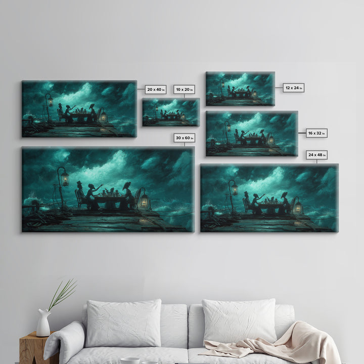 The Tea Party At Innsmouth Pier, Wide Panoramic Art, Haunted Gothic Art, Framed Canvas Print, Halloween Wall Decor, Gothic Home Decor