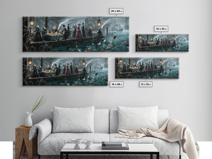 The Tea Party At Innsmouth Pier, Extra Wide Wall Art, Gothic Horror Wall Art, Framed Canvas Print, Halloween Wall Decor, Gothic Home Decor