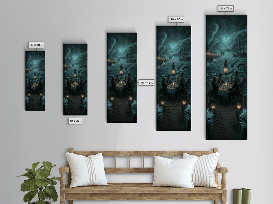 The Tea Party At Innsmouth Pier, Tall Narrow Wall Art, Dark Halloween Decor, Canvas Print, Halloween Wall Decor, Gothic Home Decor