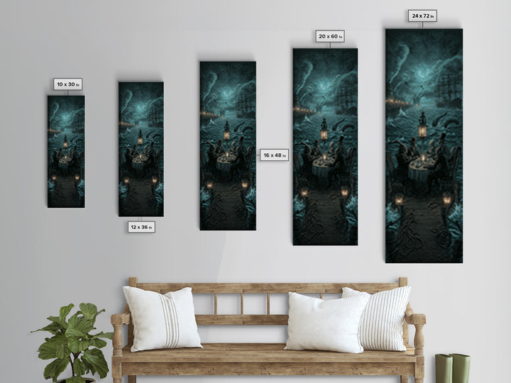 The Tea Party At Innsmouth Pier, Tall Narrow Wall Art, Dark Halloween Decor, Canvas Print, Halloween Wall Decor, Gothic Home Decor