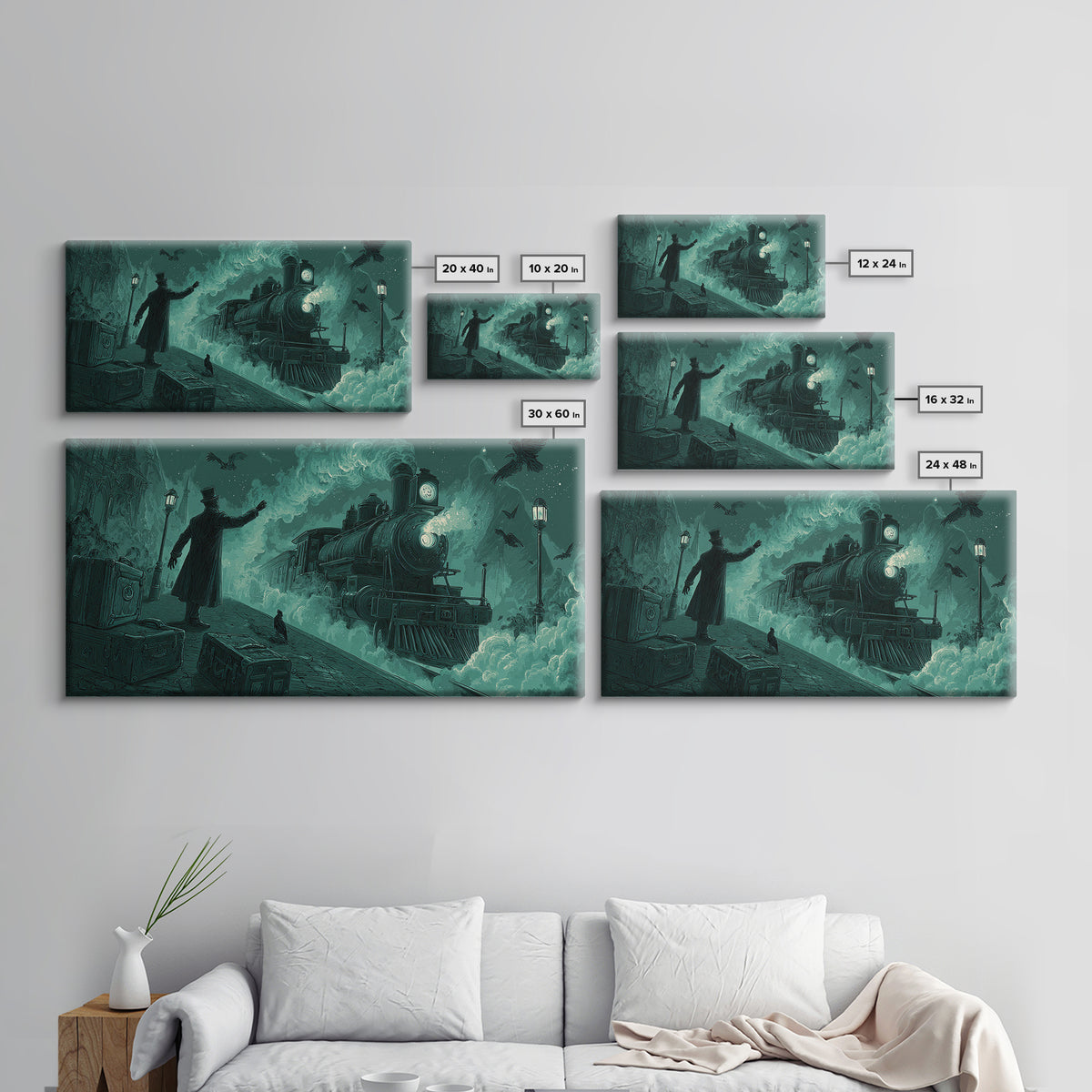 The Phantom Train To Kadath, Wide Panoramic Art, Macabre Wall Art, Framed Canvas Print, Halloween Wall Decor, Gothic Home Decor