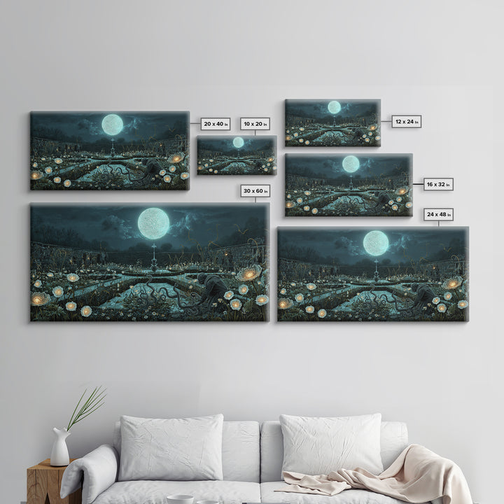 The Garden Of The Eyeless Moon, Wide Panoramic Art, Gothic Horror Wall Art, Canvas Print, Halloween Wall Decor, Gothic Home Decor