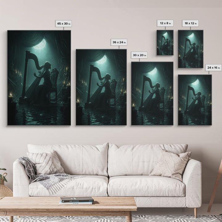 The Harpist Of Abyssal Sleep, Vertical Wall Art, Haunted Gothic Art, Canvas Print, Halloween Wall Decor, Gothic Home Decor