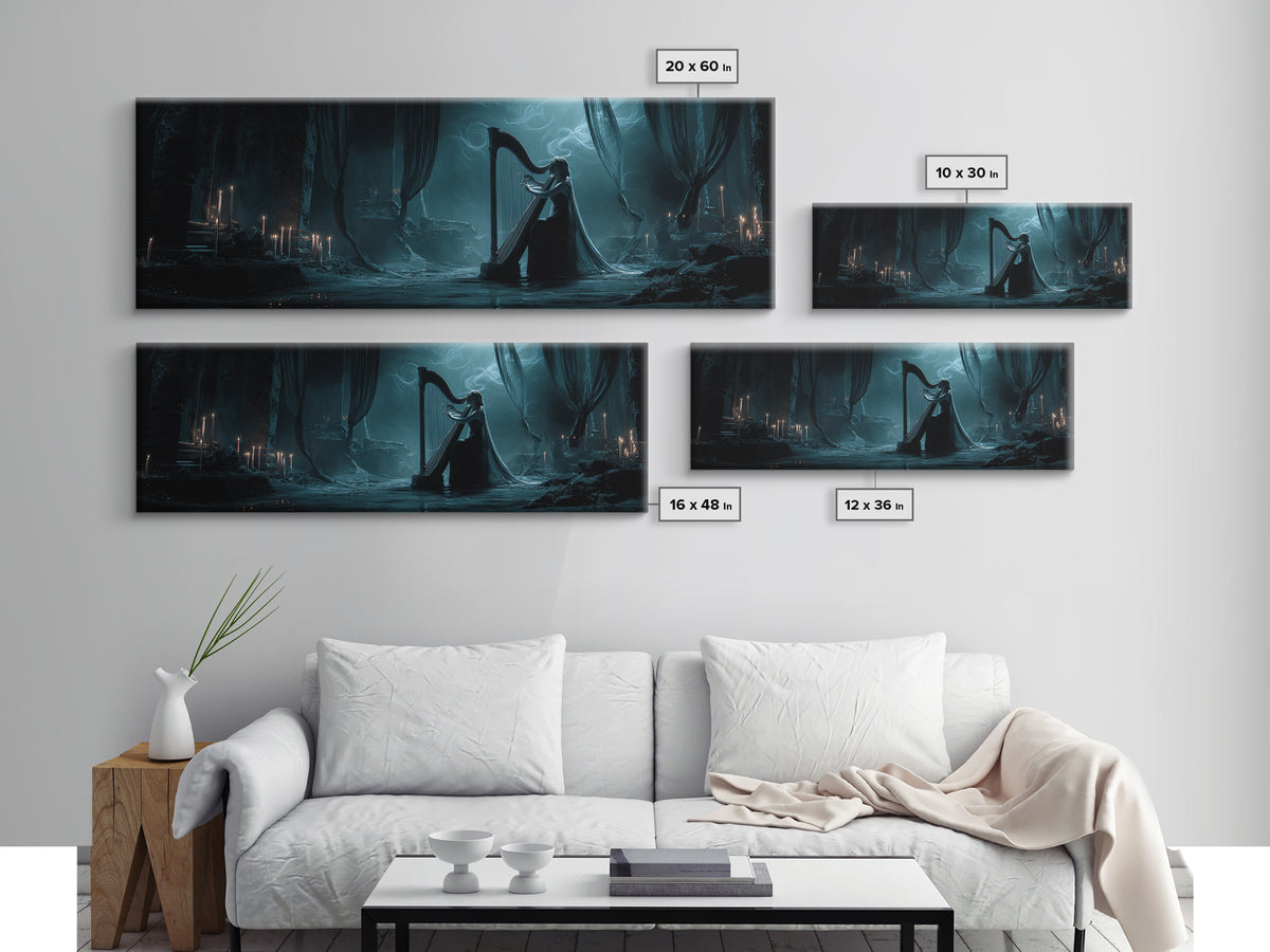 The Harpist Of Abyssal Sleep, Extra Wide Wall Art, Dark Fantasy Wall Art, Canvas Print, Halloween Wall Decor, Gothic Home Decor