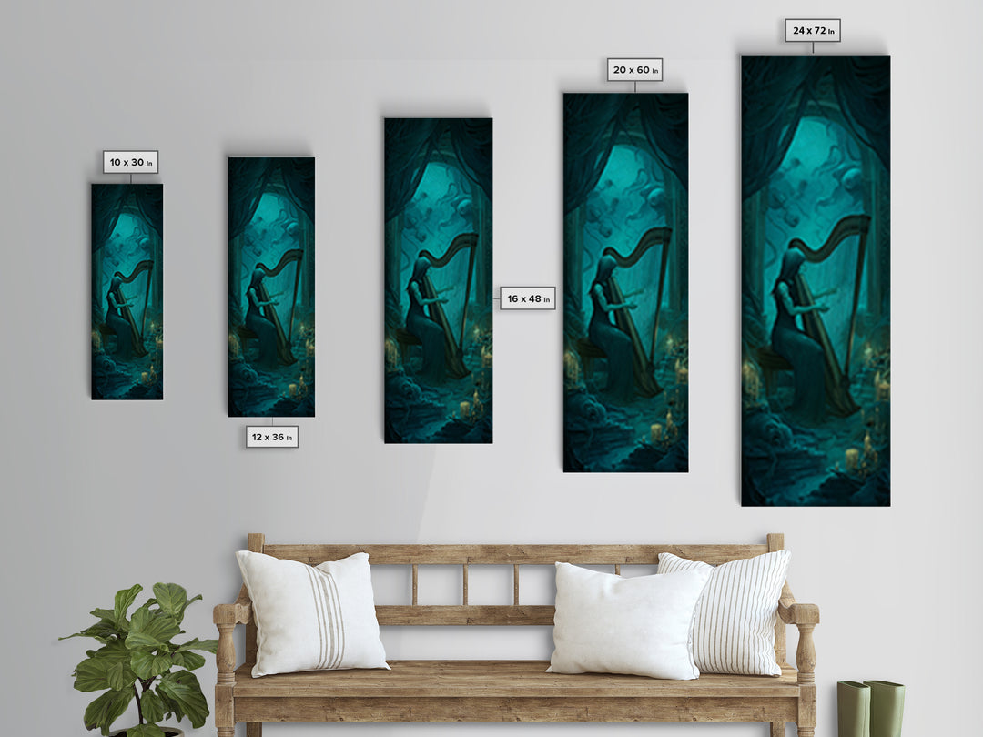 The Harpist Of Abyssal Sleep, Tall Narrow Wall Art, Dark Halloween Decor, Framed Canvas Print, Halloween Wall Decor, Gothic Home Decor