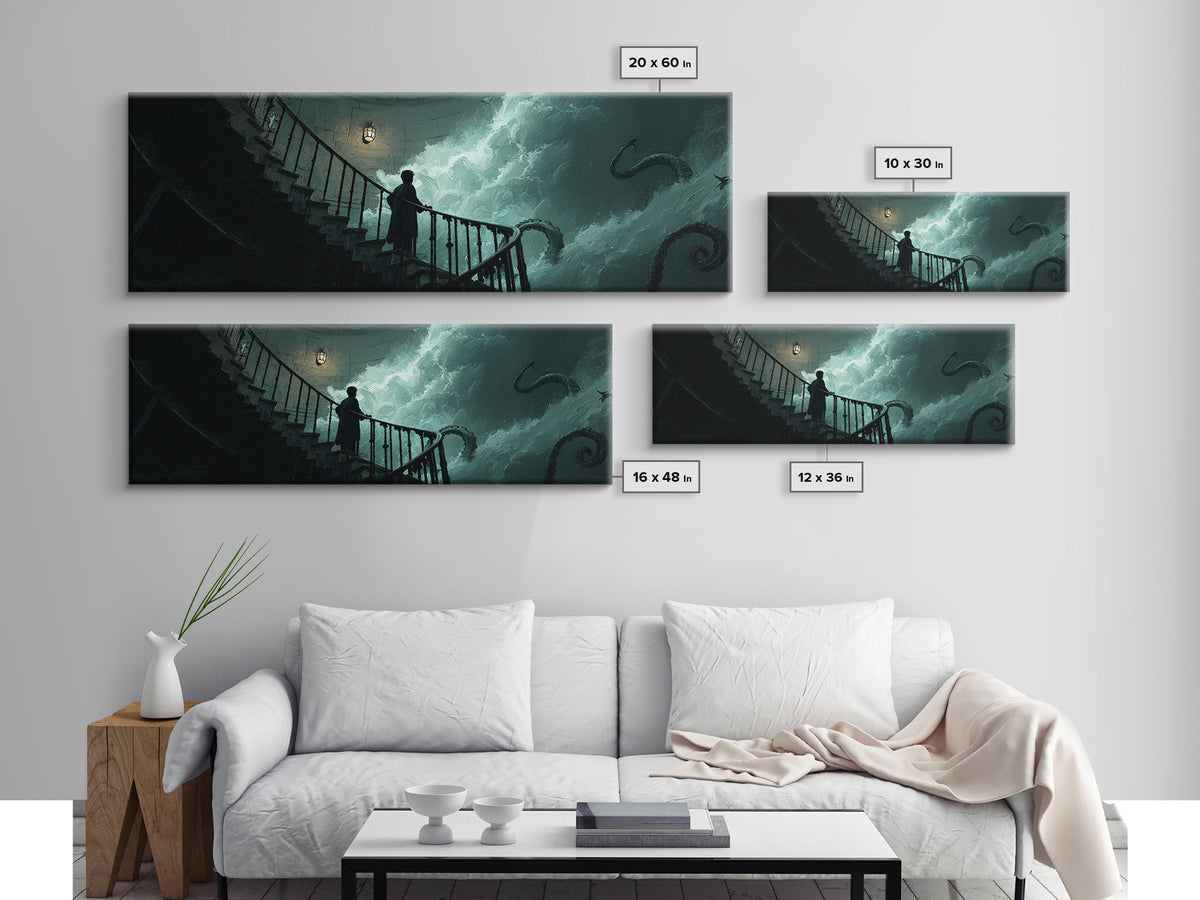 The Last Lighthouse Of Y’Ha-Nthlei, Extra Wide Wall Art, Lovecraftian Horror Art, Canvas Print, Halloween Wall Decor, Gothic Home Decor