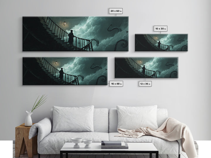 The Last Lighthouse Of Y’Ha-Nthlei, Extra Wide Wall Art, Lovecraftian Horror Art, Canvas Print, Halloween Wall Decor, Gothic Home Decor
