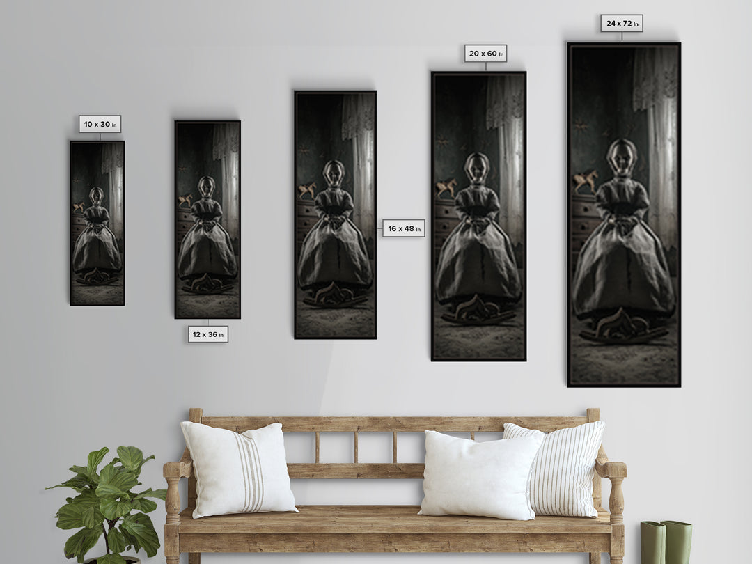 The Doll From Beyond The Void, Tall Narrow Wall Art, Lovecraftian Horror Art, Framed Canvas Print, Halloween Wall Decor, Gothic Home Decor