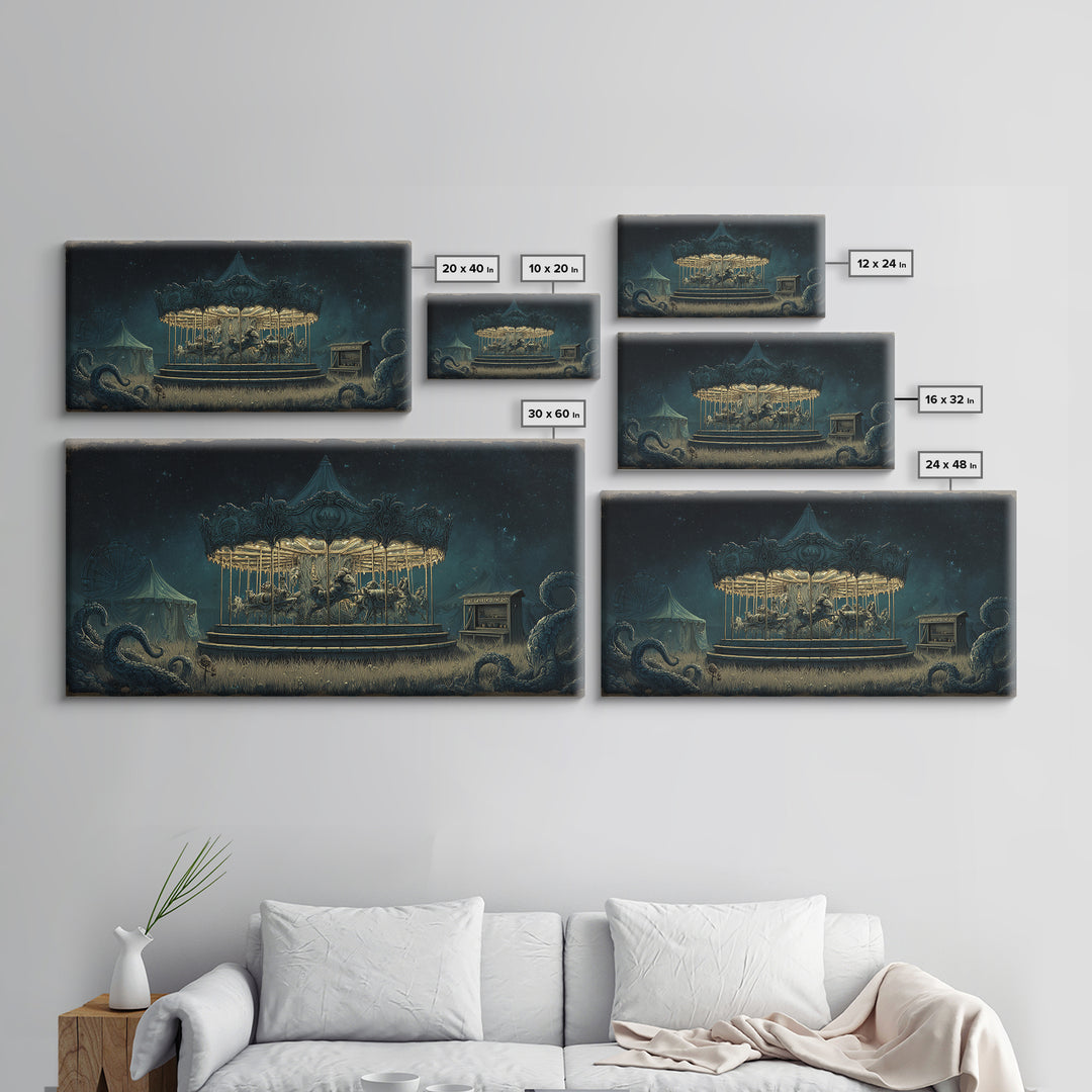 The Carousel Of Sleeping Planets, Wide Panoramic Art, Lovecraftian Horror Art, Canvas Print, Halloween Wall Decor, Gothic Home Decor