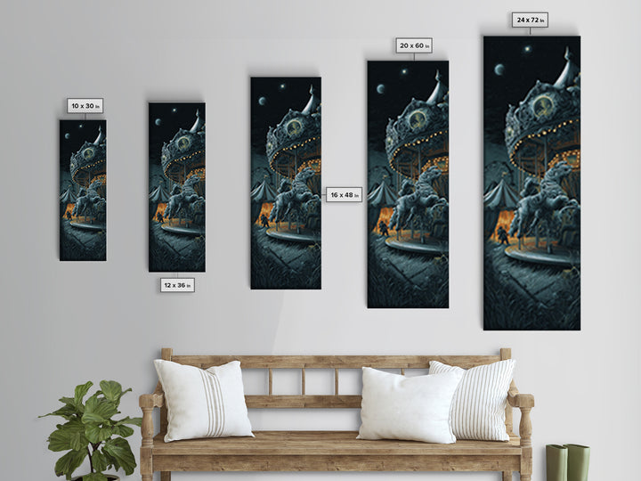 The Carousel Of Sleeping Planets, Tall Narrow Wall Art, Eldritch Gothic Decor, Framed Canvas Print, Halloween Wall Decor, Gothic Home Decor