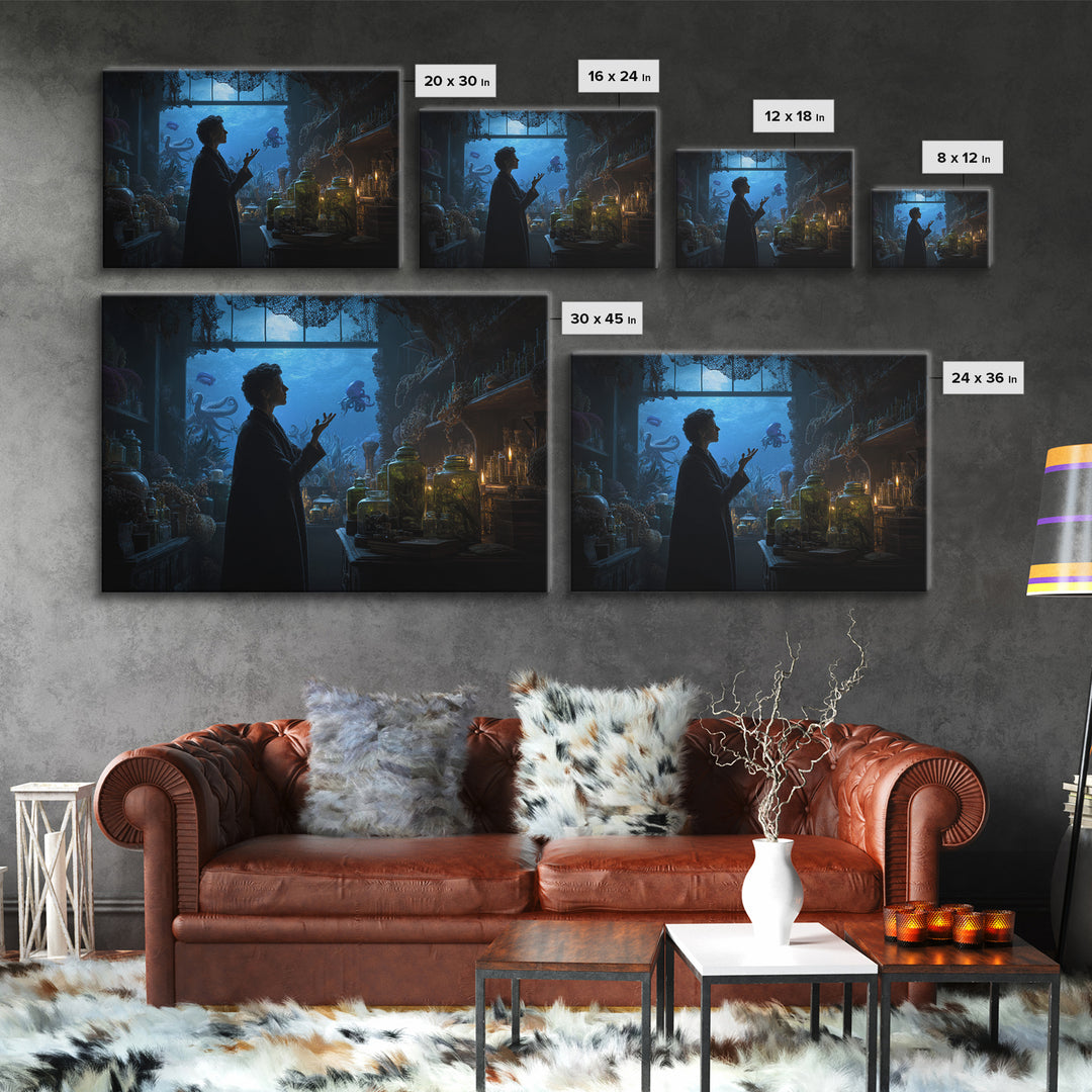 The Apothecary Of Black Seashell Dreams, Landscape Wall Art, Eldritch Gothic Decor, Framed Canvas Print, Halloween Wall Decor