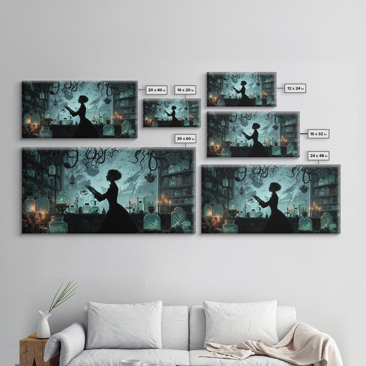 The Apothecary Of Black Seashell Dreams, Wide Panoramic Art, Cosmic Horror Wall Art, Canvas Print, Halloween Wall Decor, Gothic Home Decor
