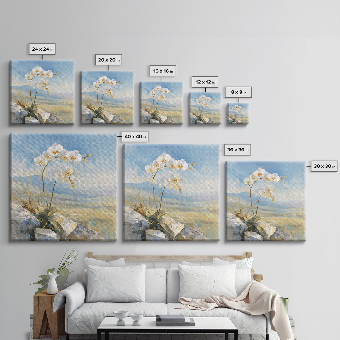 White Orchid on Stone Background Framed Canvas Print, Dental Office Art, Printable Wall Art, Office Decor, Fine Art, Calm, DOA-1x1-12