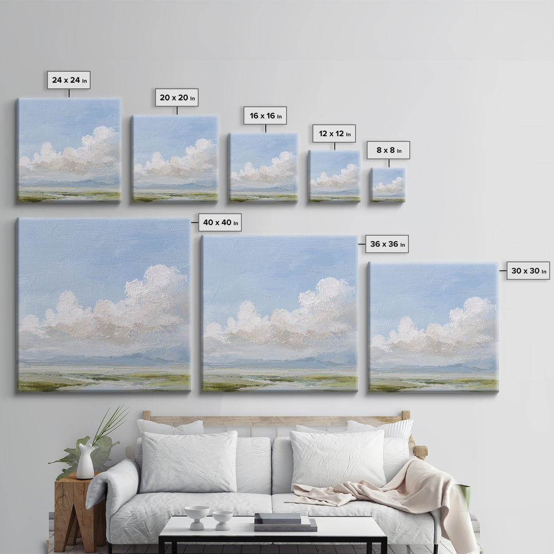 Peaceful Clouds over Open Meadow Framed Canvas Print, Dental Office Art, Dentistry Art, Office Decor, Fine Art, Calm, DOA-1x1-33
