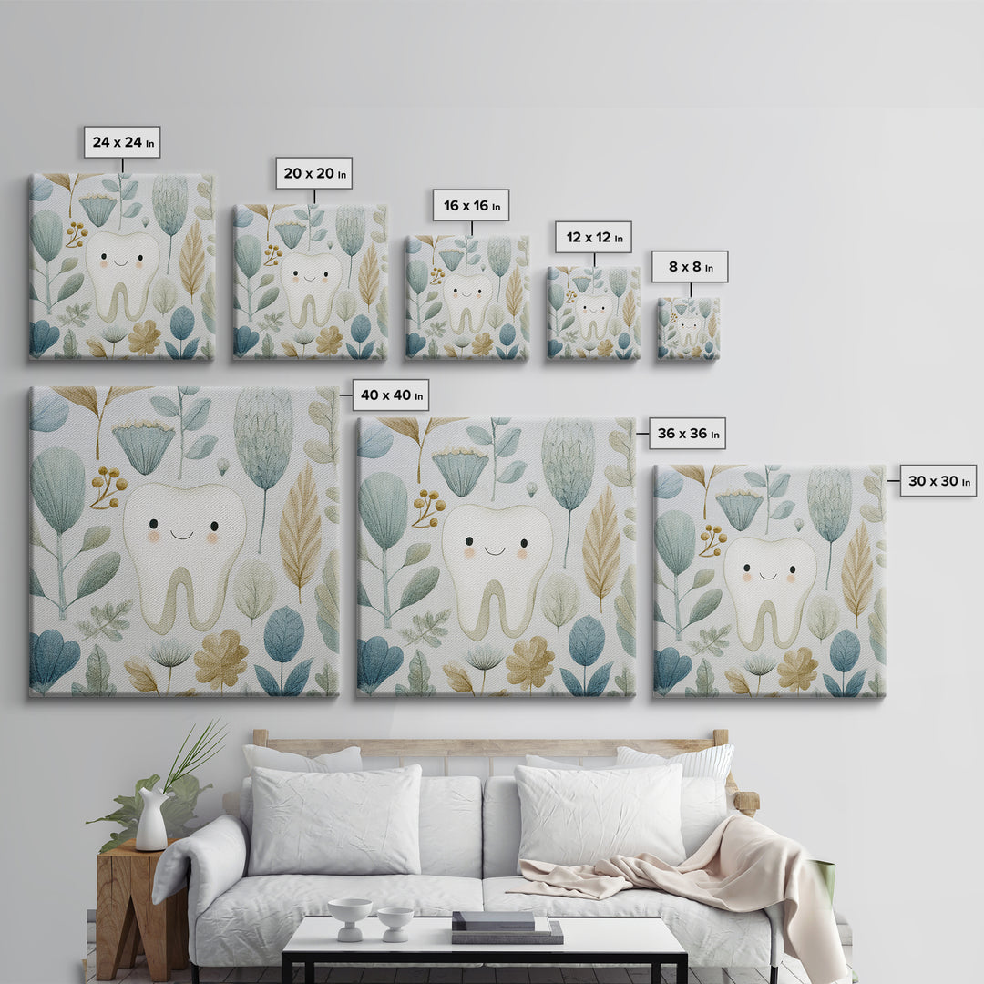 Playful Tooth Shaped Character Framed Canvas Print, Dental Office Art, Dental Wall Art, Office Decor, Abstract Art, Calm, DOA-1x1-6