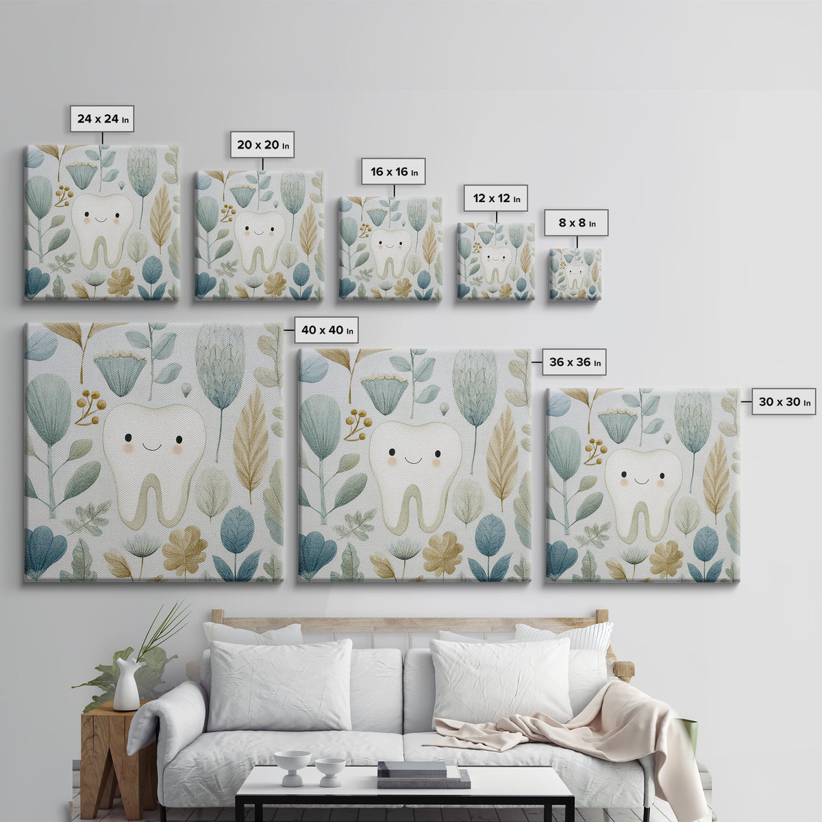 Playful Tooth Shaped Character Framed Canvas Print, Dental Office Art, Dental Wall Art, Office Decor, Abstract Art, Calm, DOA-1x1-6