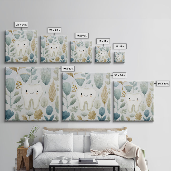 Playful Tooth Shaped Character Framed Canvas Print, Dental Office Art, Dental Wall Art, Office Decor, Abstract Art, Calm, DOA-1x1-6