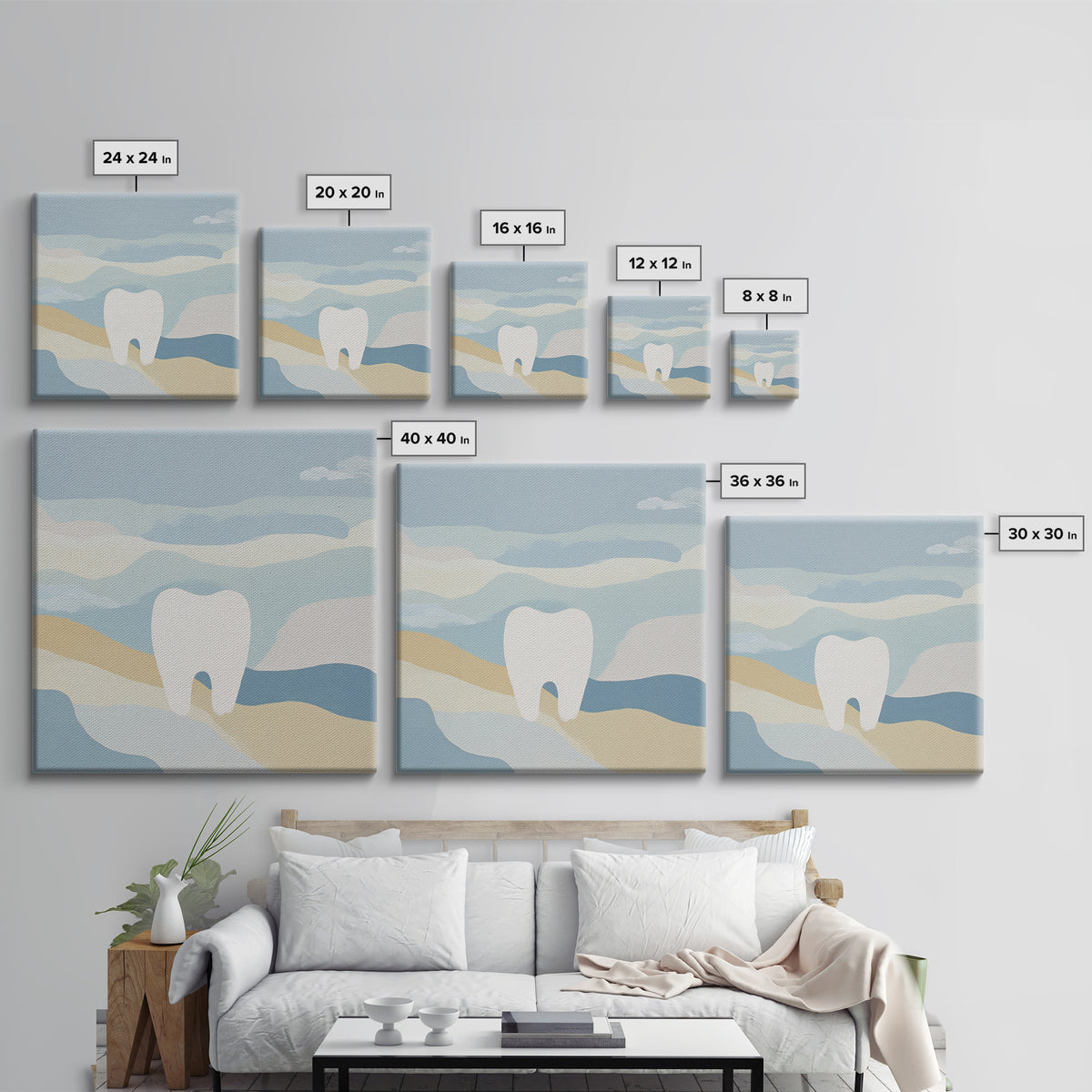 Playful Tooth Shaped Character Framed Canvas Print, Dental Office Art, Dentistry Art, Office Decor, Abstract Art, Calm, DOA-1x1-78