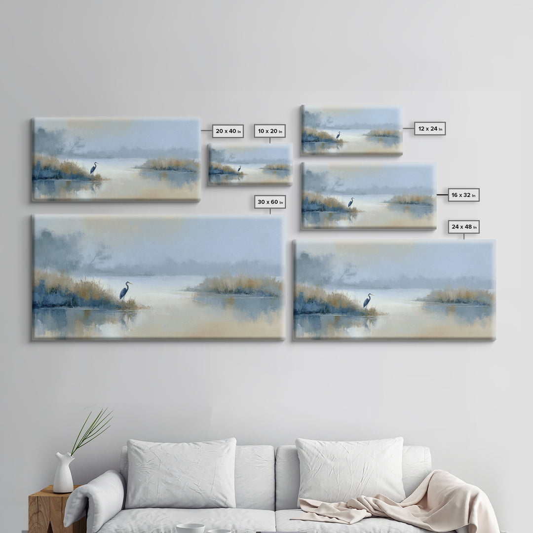 Blue Heron by Calm Marsh Water Framed Canvas Print, Dental Office Art, Tooth Art, Office Decor, Fine Art, Calm, Modern Decor, DOA-2x1-19