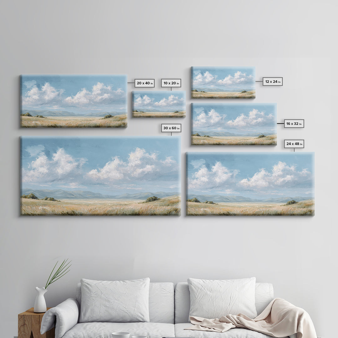 Peaceful Clouds over Open Meadow Framed Canvas Print, Dental Office Art, Modern Decor, Office Decor, Fine Art, Calm, Poster, DOA-2x1-29