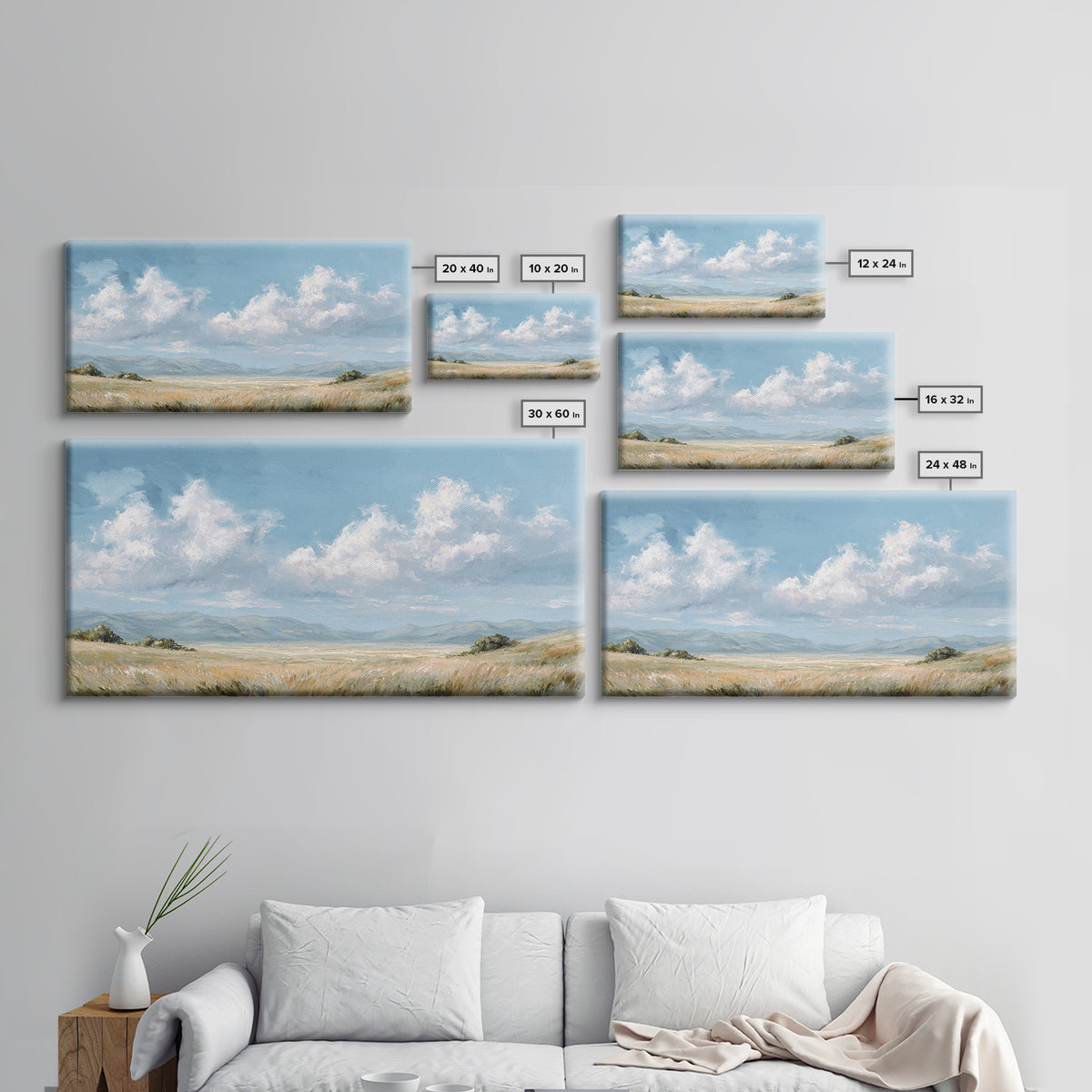 Peaceful Clouds over Open Meadow Framed Canvas Print, Dental Office Art, Modern Decor, Office Decor, Fine Art, Calm, Poster, DOA-2x1-29