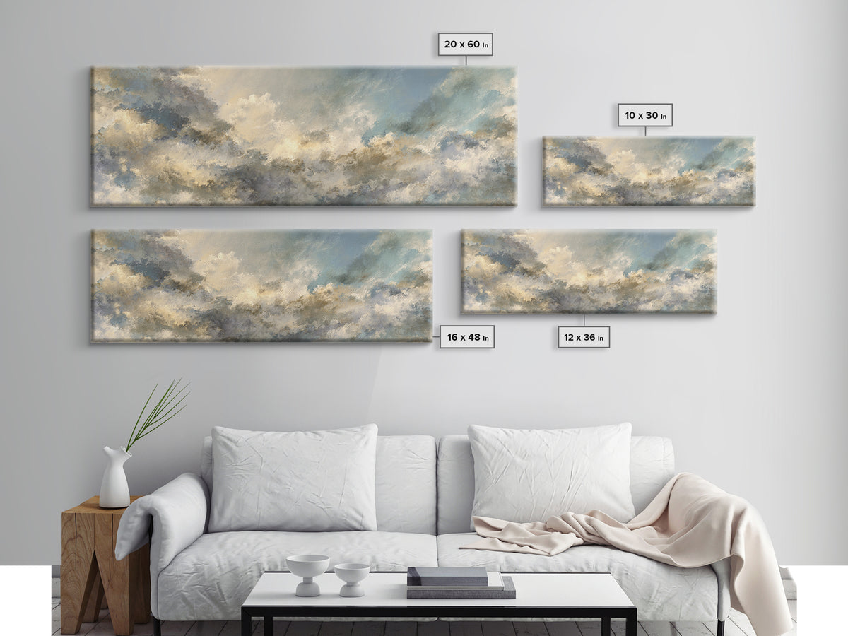 Peaceful Clouds over Open Meadow Framed Canvas Print, Dental Office Art, Wall Art, Office Decor, Watercolor Art, Calm, DOA-3x1-1