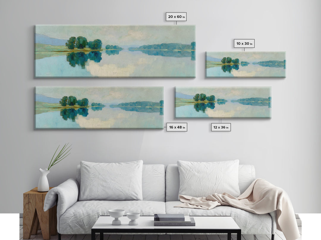 Sunlit Lake with Calming Reflections Framed Canvas Print, Dental Office Art, Boho Decor, Office Decor, Oil Painting, Calm, DOA-3x1-55