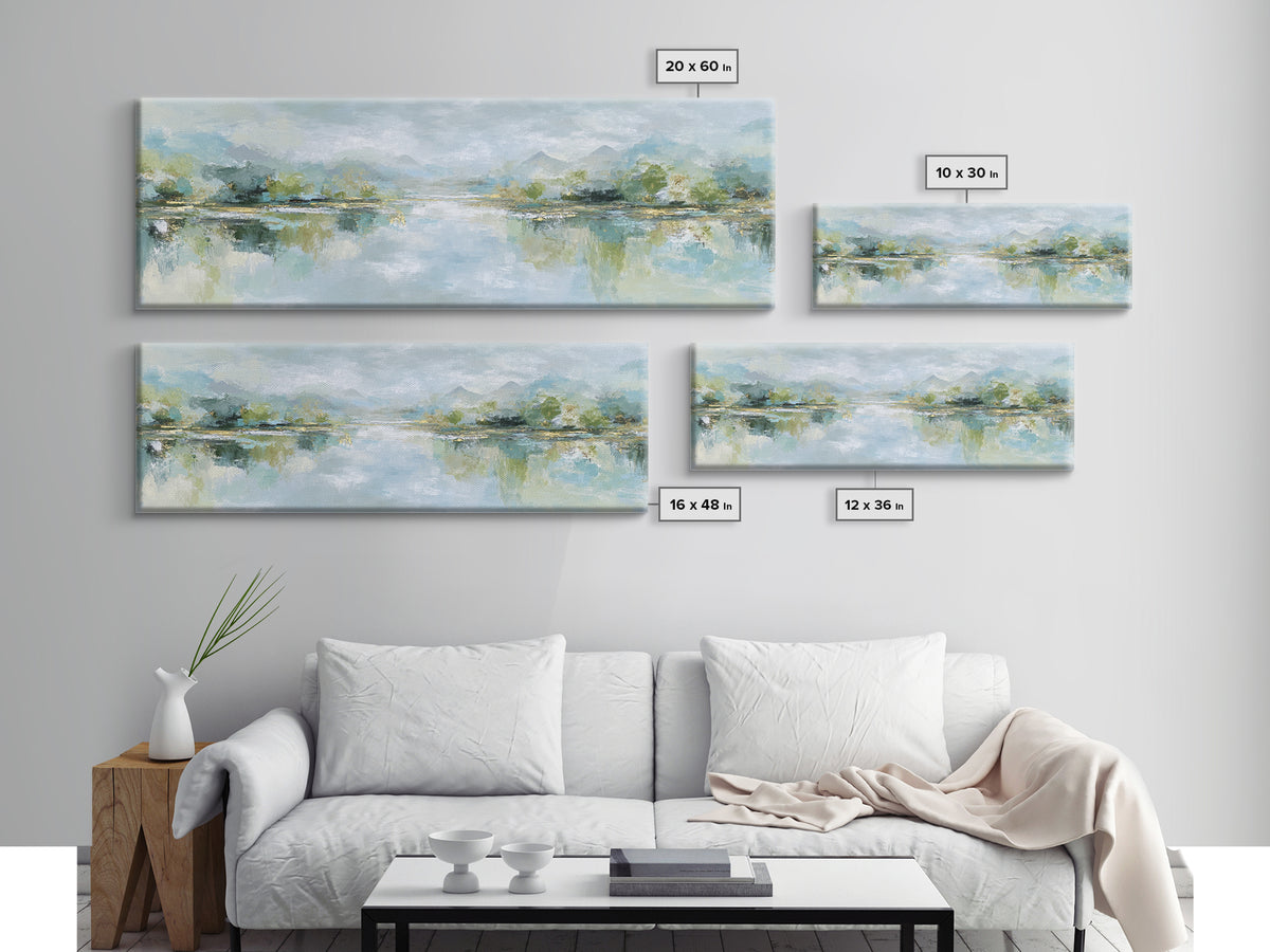 Sunlit Lake with Calming Reflections Framed Canvas Print, Dental Office Art, Dental Gift, Office Decor, Watercolor Art, Calm, DOA-3x1-7