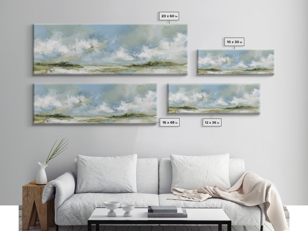 Peaceful Clouds over Open Meadow Framed Canvas Print, Dental Office Art, Dental Wall Art, Office Decor, Oil Painting, Calm, DOA-3x1-73