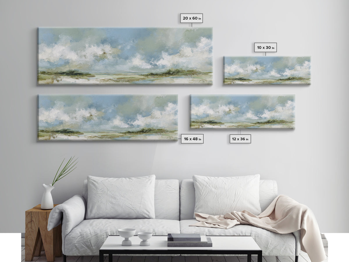 Peaceful Clouds over Open Meadow Framed Canvas Print, Dental Office Art, Dental Wall Art, Office Decor, Oil Painting, Calm, DOA-3x1-73
