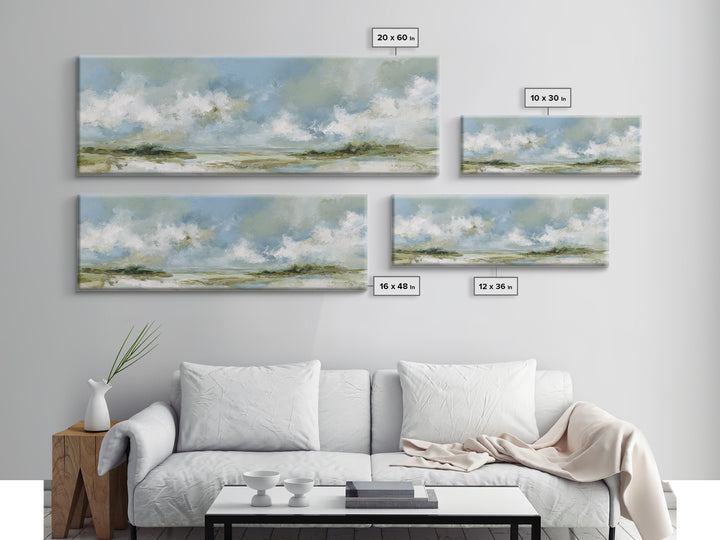 Peaceful Clouds over Open Meadow Framed Canvas Print, Dental Office Art, Dental Wall Art, Office Decor, Oil Painting, Calm, DOA-3x1-73