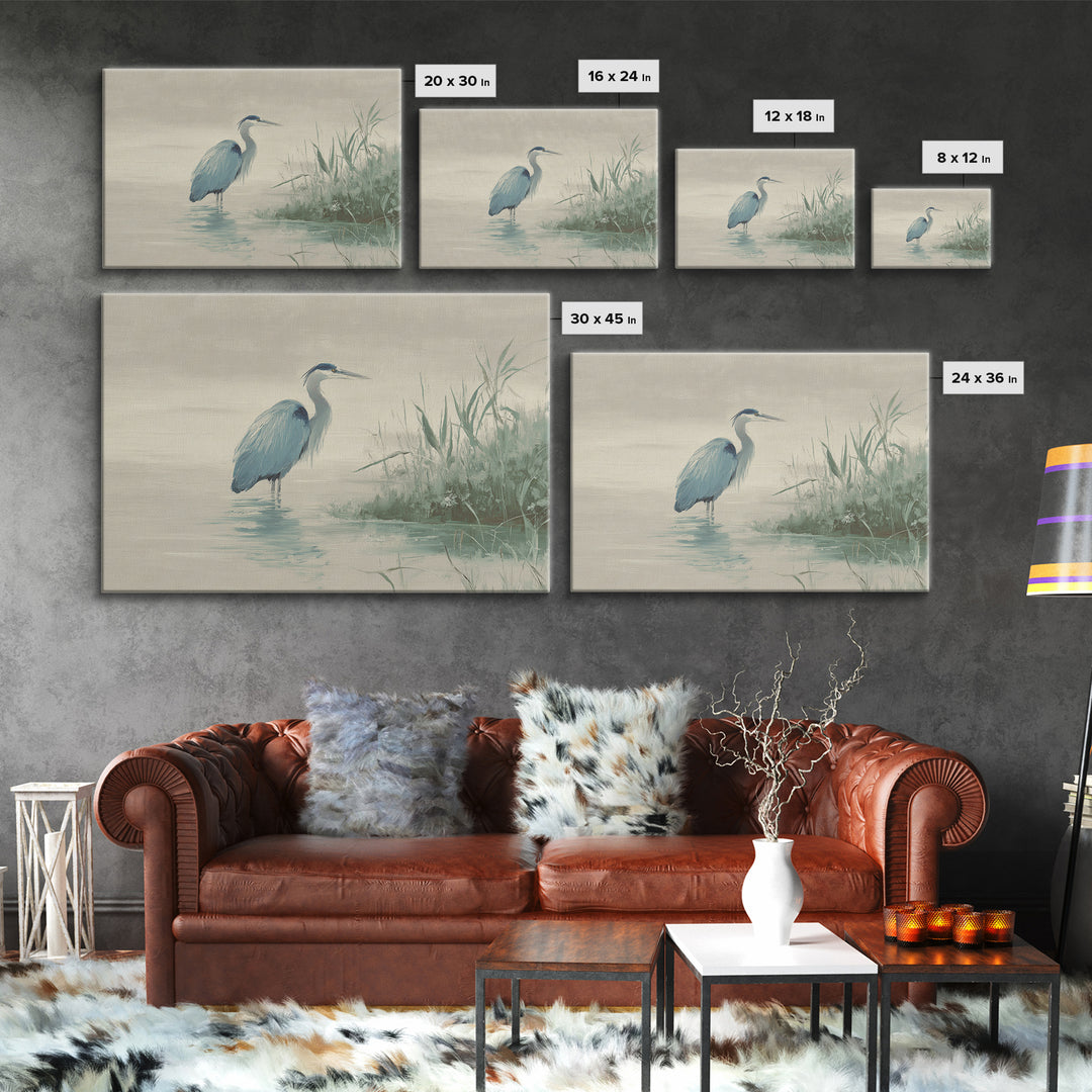 Blue Heron by Calm Marsh Water Framed Canvas Print, Dental Office Art, Textured Painting, Office Decor, Fine Art, Calm, DOA-3x2-27