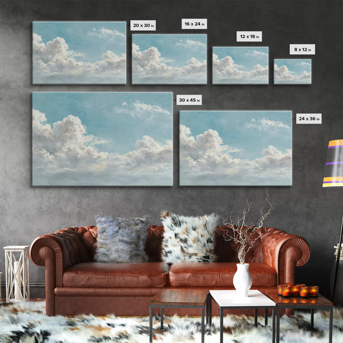 Peaceful Clouds over Open Meadow Framed Canvas Print, Dental Office Art, Dental Wall Art, Office Decor, Watercolor Art, Calm, DOA-3x2-85