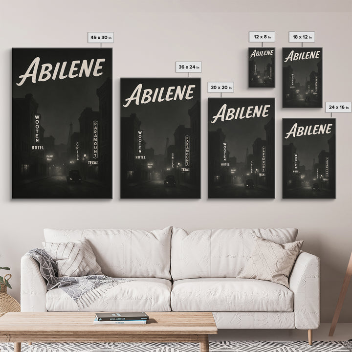 Abilene Texas Travel Poster, Canvas Print, Night Street Poster Art, Abilene Wall Art, City Art Print, Mid Century Wall Art, City Poster