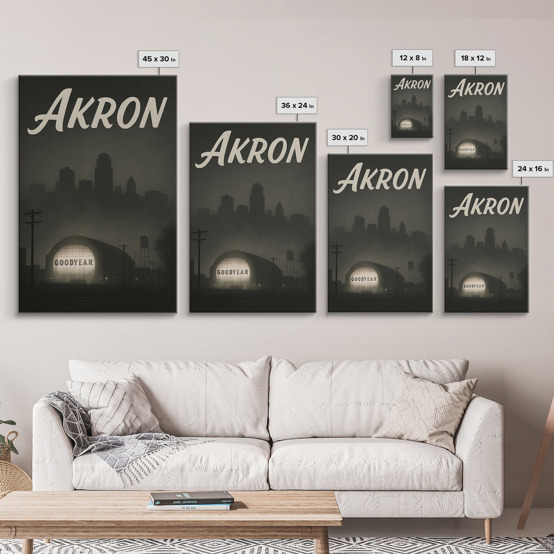 Akron Ohio Travel Poster, Canvas Print, Black And White Travel Art, Akron Wall Art, Vintage Travel Print, Travel Poster Art, City Art Print